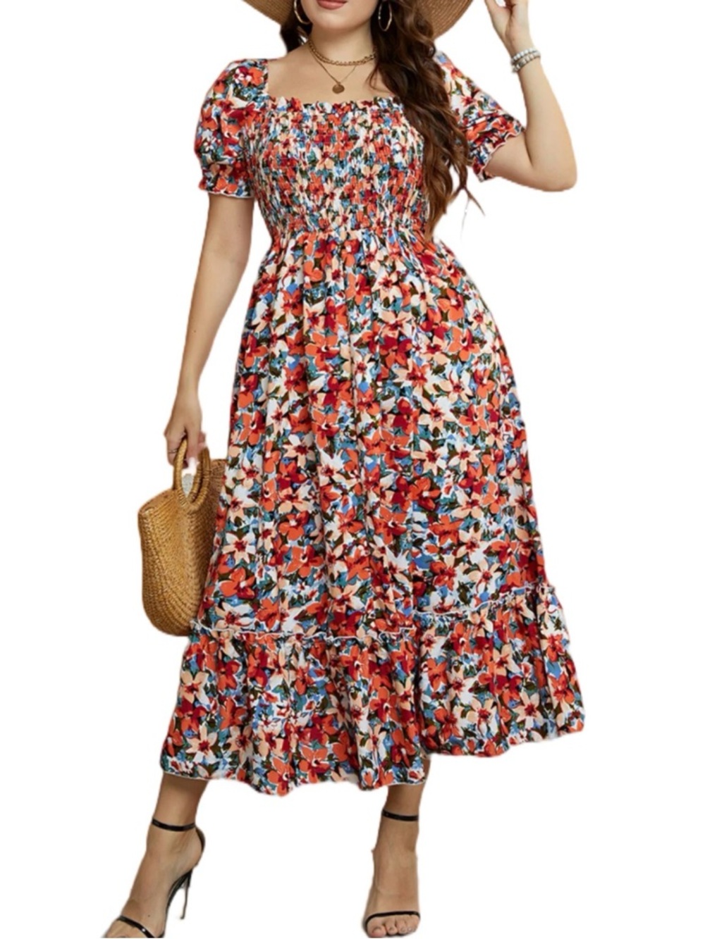 🆕 Floral Smocked Midi Dress in Red /orange and White